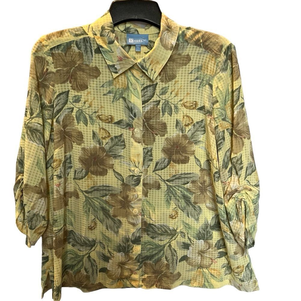 Koret Women's Button Down Blouse 3/4 Sleeve Yellow/Green Multi Floral Petite XL